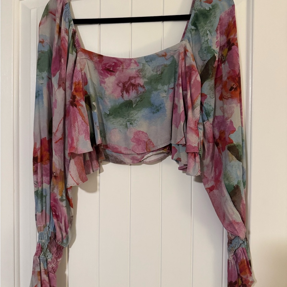 Olivaceous Pink and Green Asymmetrical Crop Blouse